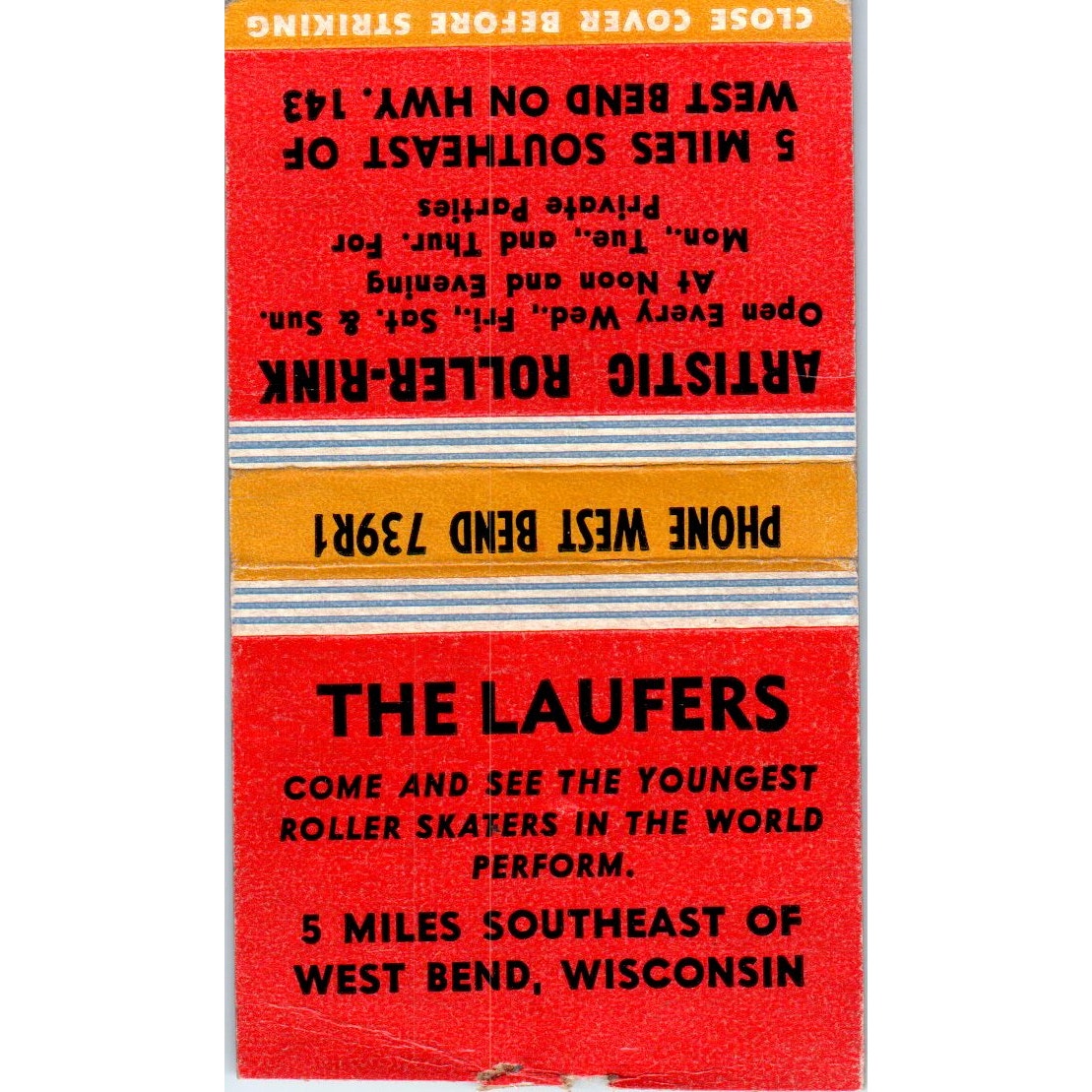The Laufers Artistic Roller Rink West Bend WI Vintage Matchbook Cover SF4-Y7