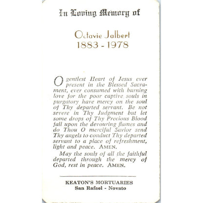 1978 Funeral Prayer Card Octavie Jalbert San Rafael Novato California AE4