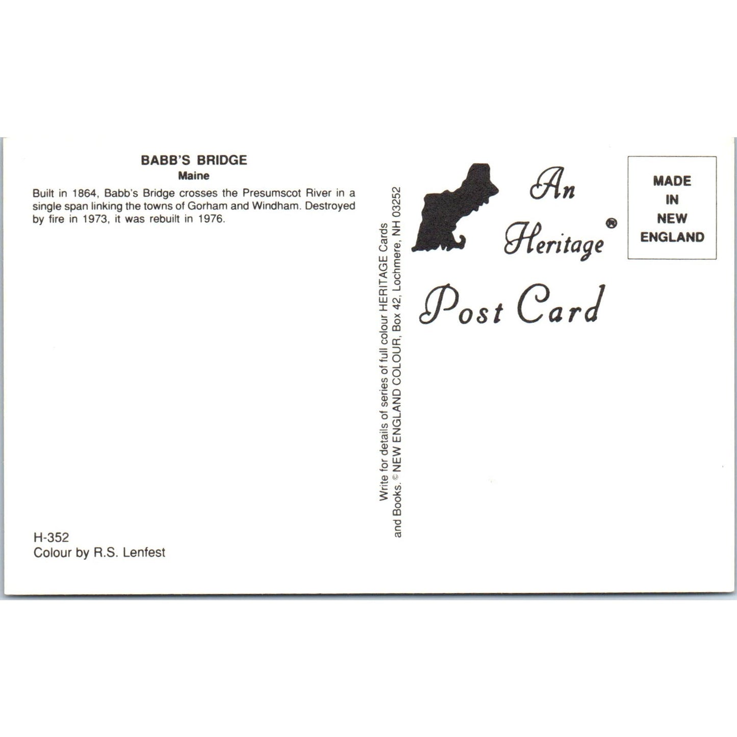 Babb's Bridge Gorham Windham Maine Covered Bridge Postcard PB13