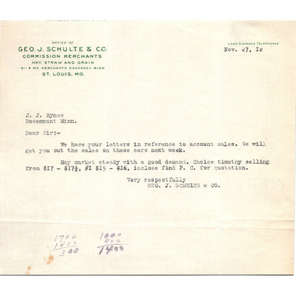 Geo. J. Schulte & Co Grain Commission Merchants St. Louis MO 1912 Billhead K24