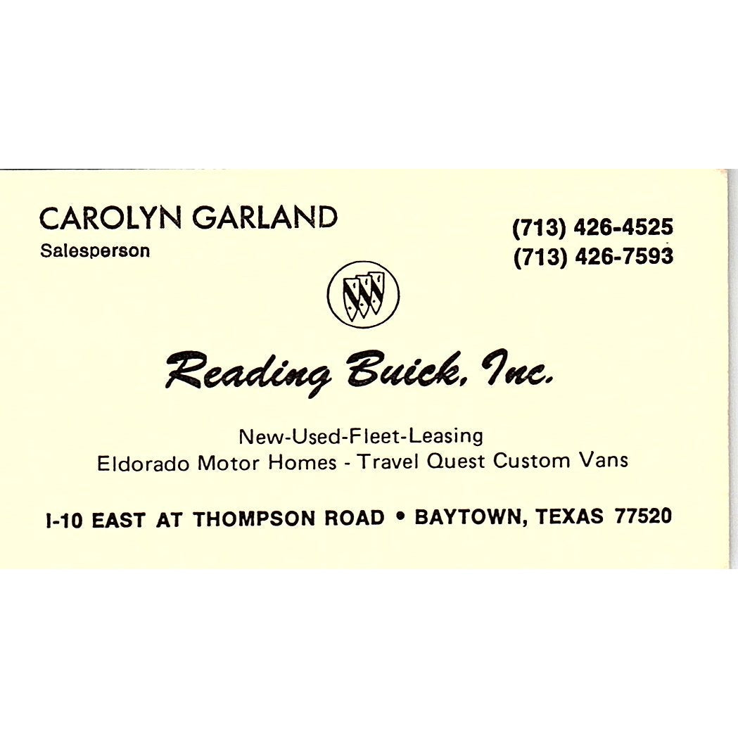 Carolyn Garland Reading Buick Inc Baytown TX Vintage Business Card SC9-B5