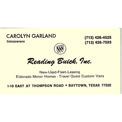 Carolyn Garland Reading Buick Inc Baytown TX Vintage Business Card SC9-B5