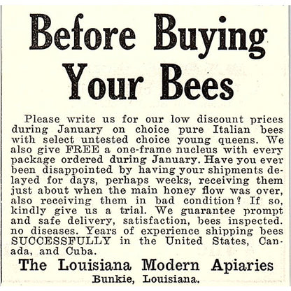 Louisiana Modern Apiaries Bunkie LA 1926 Ad AG3-S23