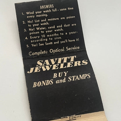 Savitt Jewelers 35 Asylum St. Hartford CT Vintage Matchbook Cover TB8-MB2-1
