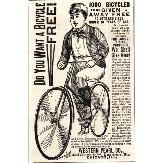 Boy Riding Bicycle Western Pearl Co Giveaway Chicago c1890 Victorian Ad AE8-CH8