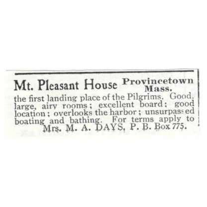 Mt. Pleasant House Provincetown MA M.A. Days 1918 Original Advertisement AE5-SV5