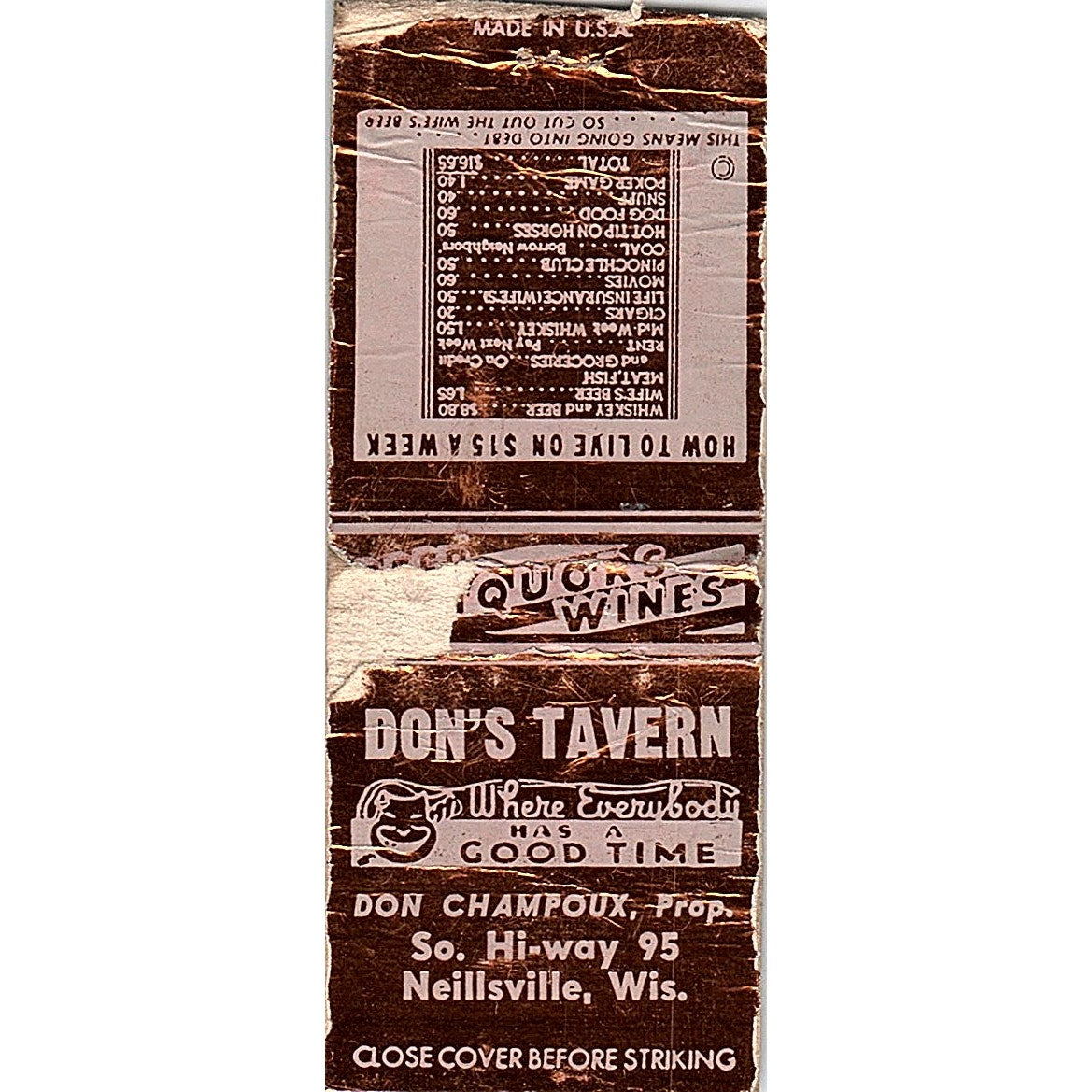 Don's Tavern Don Champoux Neillsville WI Vintage Matchbook Cover SC7-Y2