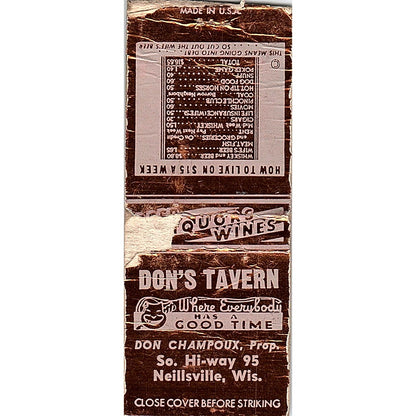 Don's Tavern Don Champoux Neillsville WI Vintage Matchbook Cover SC7-Y2