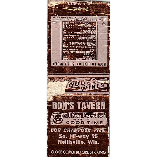 Don's Tavern Don Champoux Neillsville WI Vintage Matchbook Cover SC7-Y2