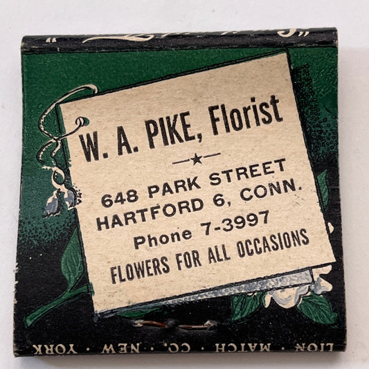 W.A. Pike Florist 648 Park St Hartford CT Vintage Matchbook Cover TB8-MB3-6