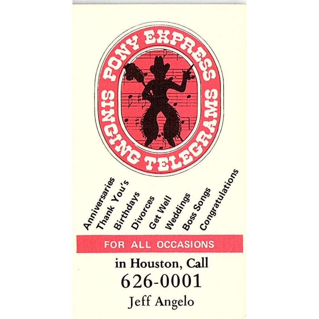 Pony Express Singing Telegrams Jeff Angelo Houston TX Business Card SF3-B2
