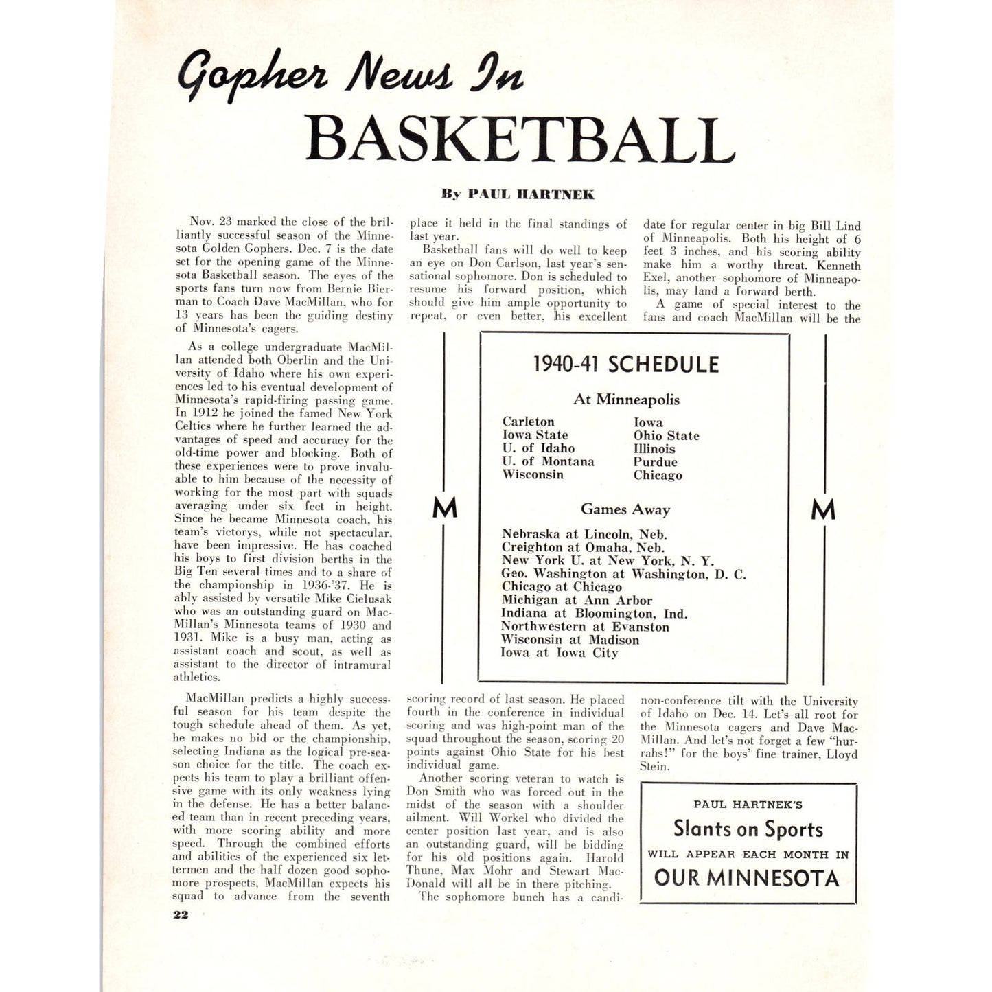 Minnesota Golden Gopher Basketball News Paul Hartnek 1940 Magazine Article D17