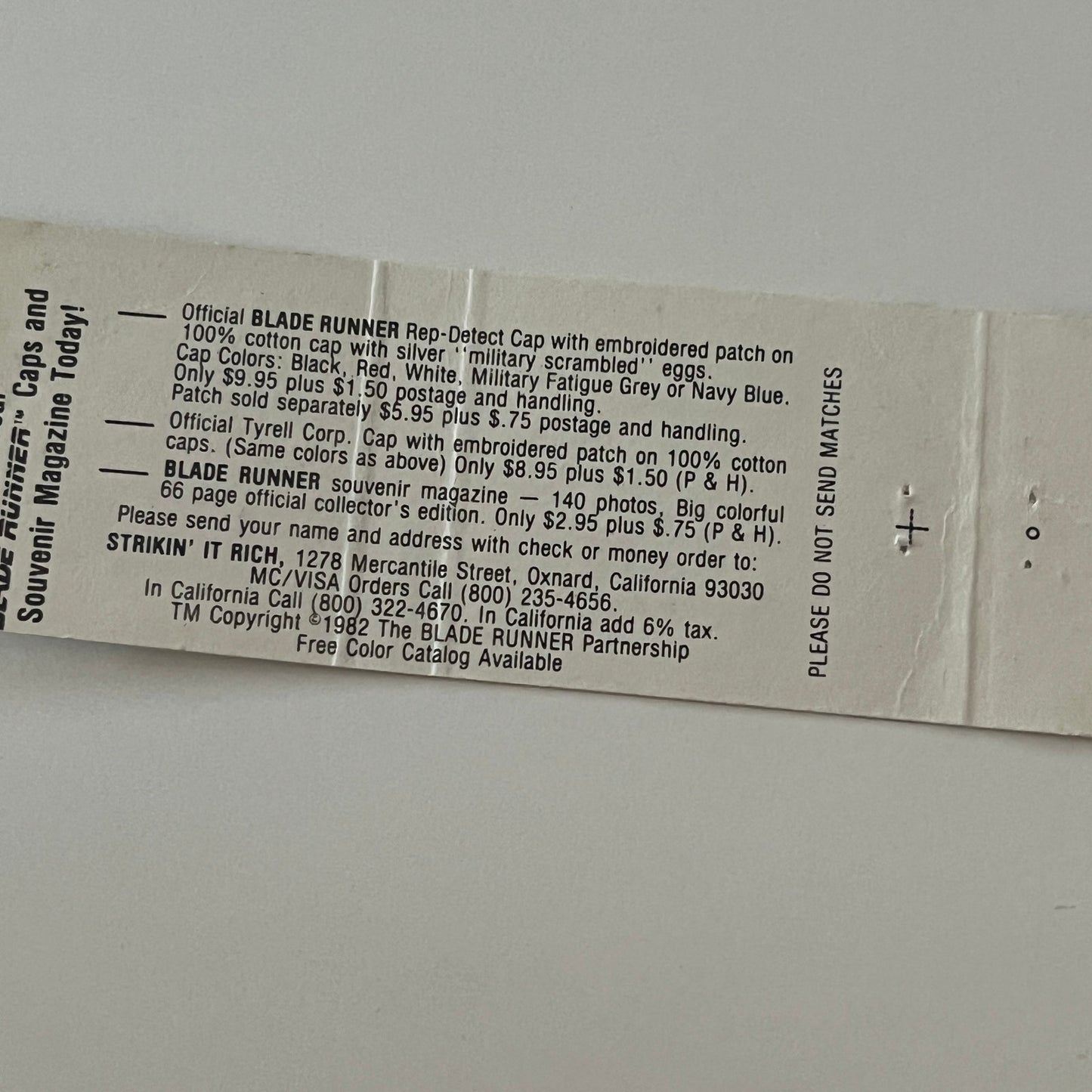 Blade Runner Movie Souvenir Hat Offer Vintage Matchbook Cover TB6-MB2-4