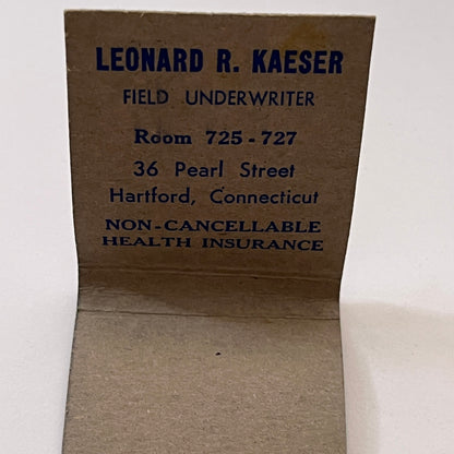 Leonard R Kaeser Underwriter Monarch Life Hartford Vtg Matchbook Cover TB8-MB3-2