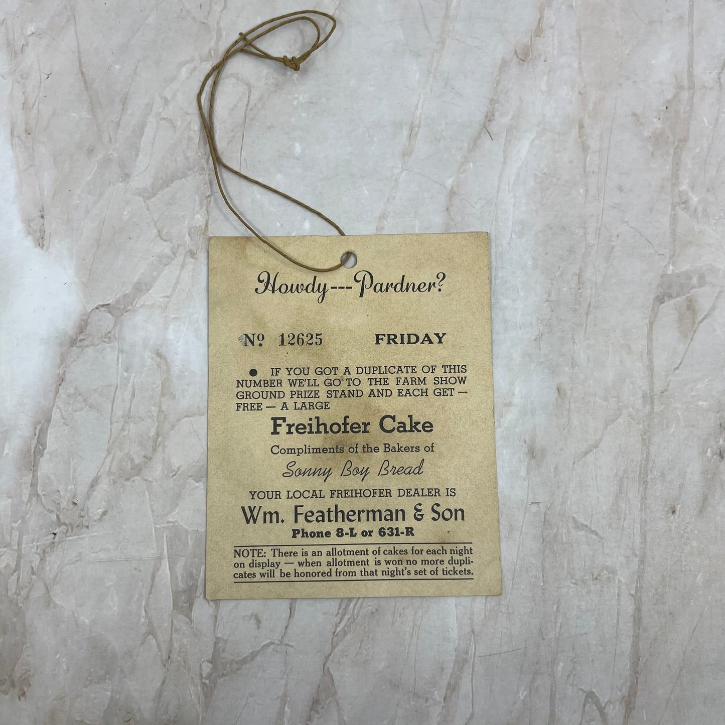 Vintage Wm Featherman & Son Sonny Boy Bread Freihofer Cake Voucher Bethlehem EA5