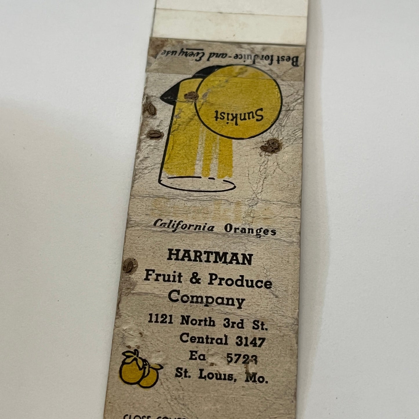 Hartman Fruit & Produce Co St. Louis MO Vintage Matchbook Cover TB6-MB1-14