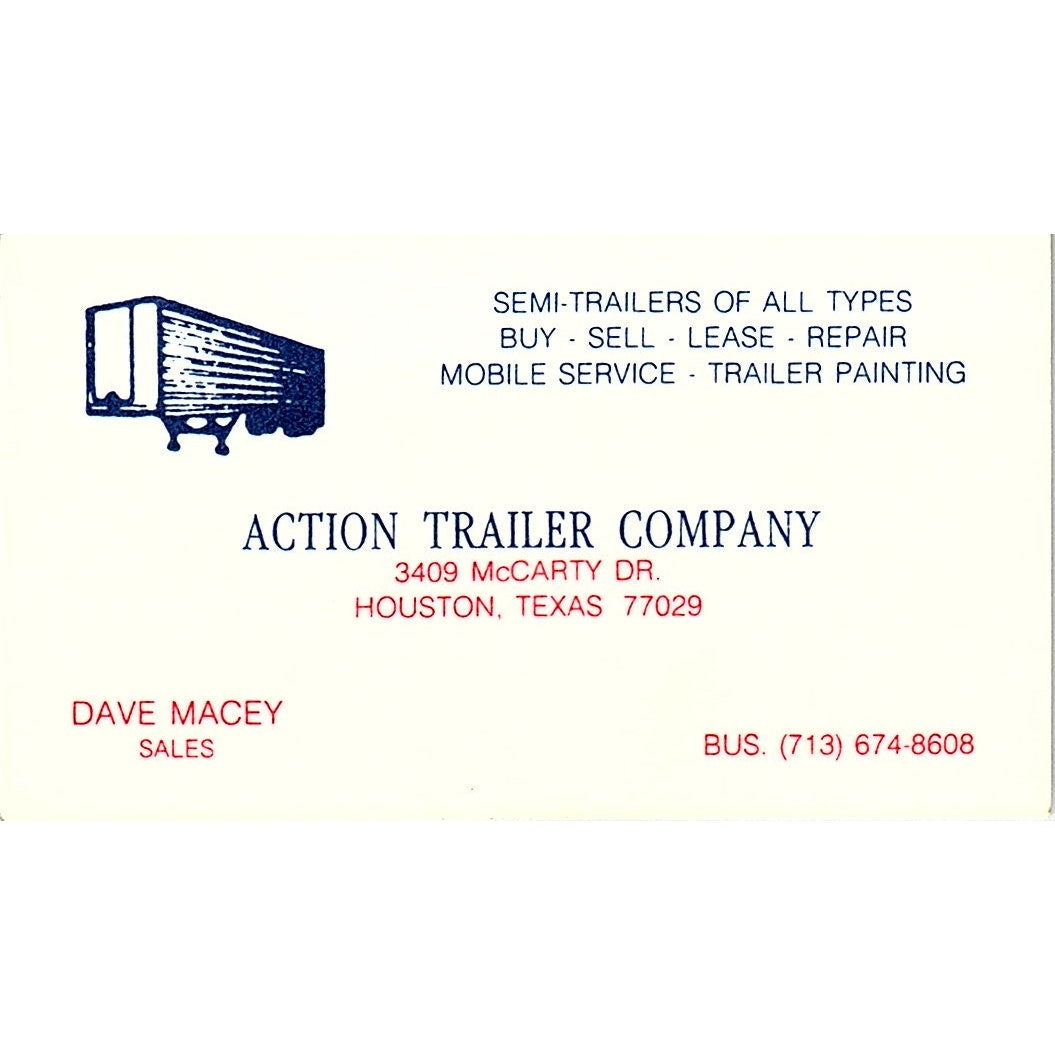 Dave Macy Action Trailer Company Houston Vintage Business Card SC9-B4