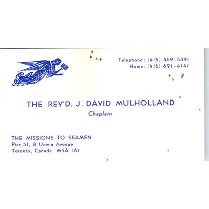 Rev J David Mulholland Missons to Seamen Toronto CA Vintage Business Card SD8-B4