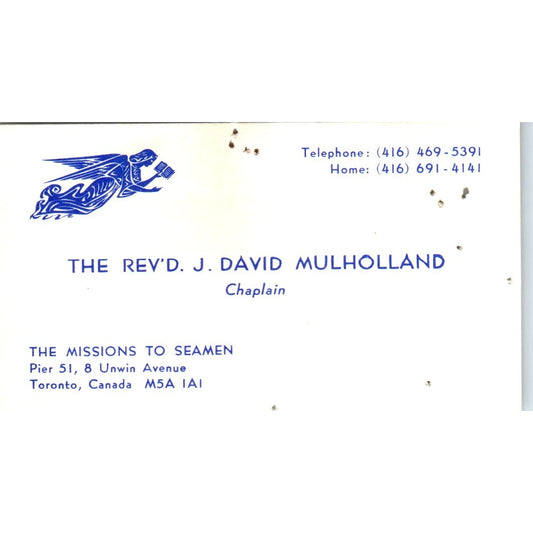 Rev J David Mulholland Missons to Seamen Toronto CA Vintage Business Card SD8-B4