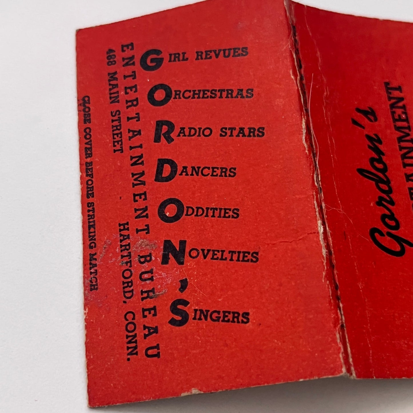 Gordon's Entertainment Bureau Jack W Gordon Hartford CT Matchbook TB8-MB-13