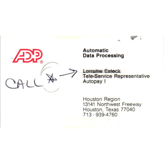 Lorraine Esteck ADP Automatic Data Processing Houston Vtg Business Card SD8-B16