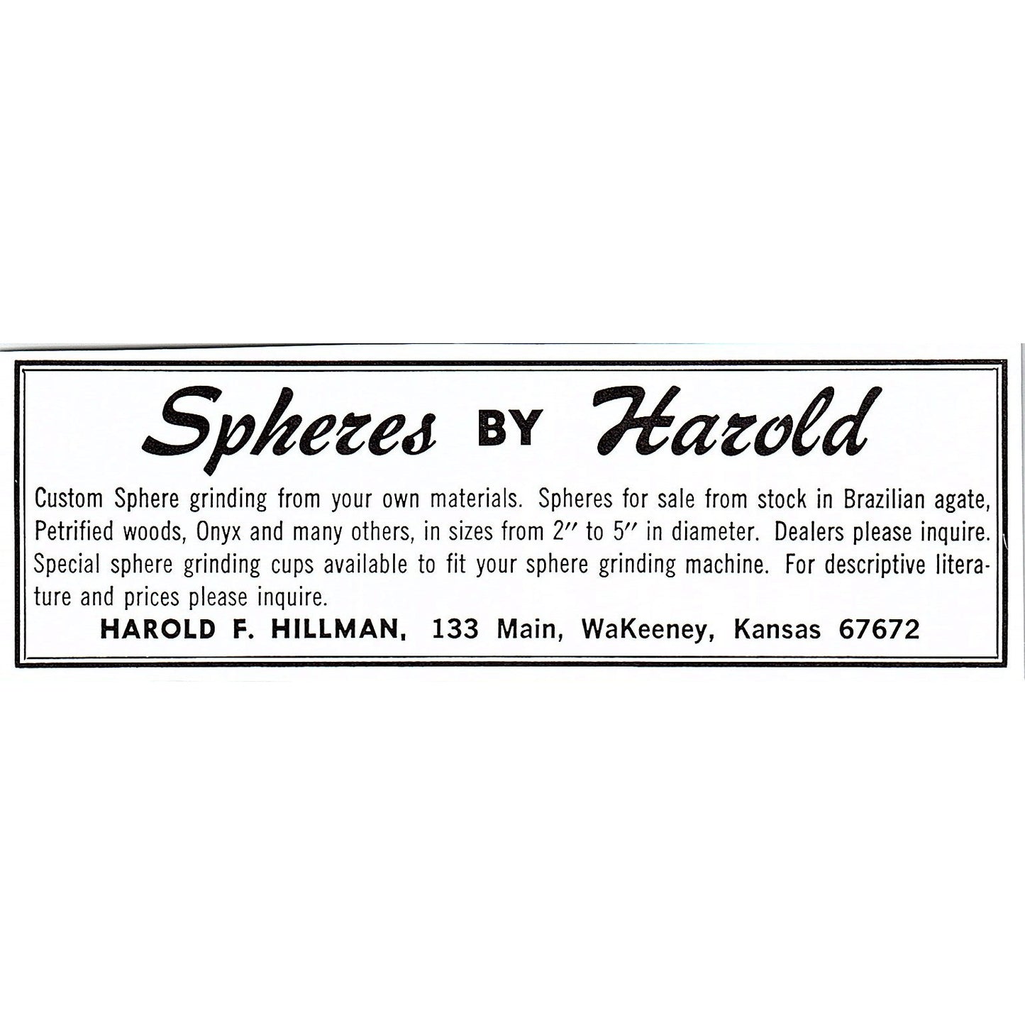 Spheres by Harold F. Hillman WaKeeney Kansas 1972 Ad AF8-M4