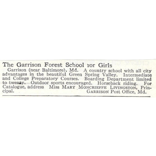 The Garrison Forest School for Girls Mary Moncrieffe Livingston 1918 Ad AE5-SA10