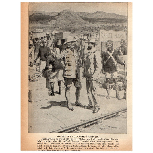 Roosevelt Arrives at Kapiti Plains 1909 Swedish Engraving Print AF5-17