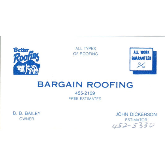 Bargain Roofing B.B. Bailey John Dickerson Vintage Business Card SD8-B14
