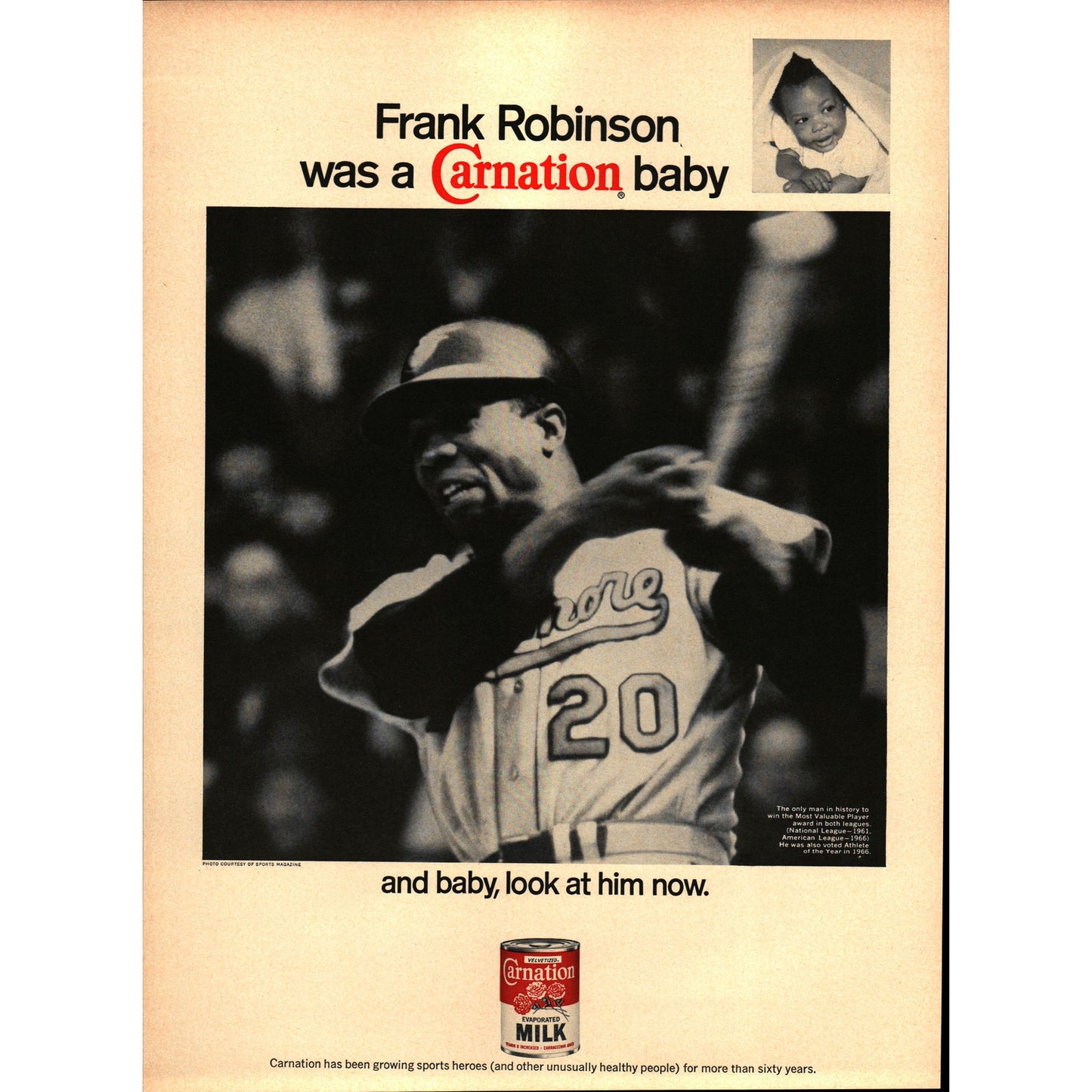 Vintage Frank Robinson MLB Baseball Carnation Milk Magazine Ad 9.5x13" V1-1