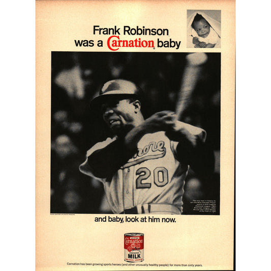 Vintage Frank Robinson MLB Baseball Carnation Milk Magazine Ad 9.5x13" V1-1