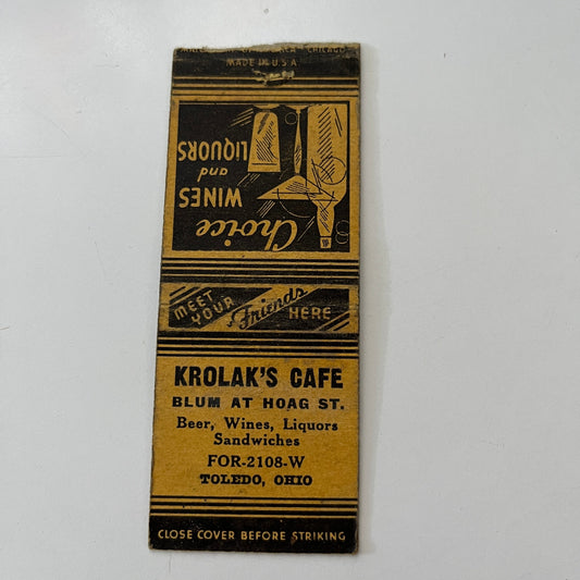 Krolak's Cafe Toledo Mud Hens Baseball Schedule 1938 Matchbook Cover MB44-4