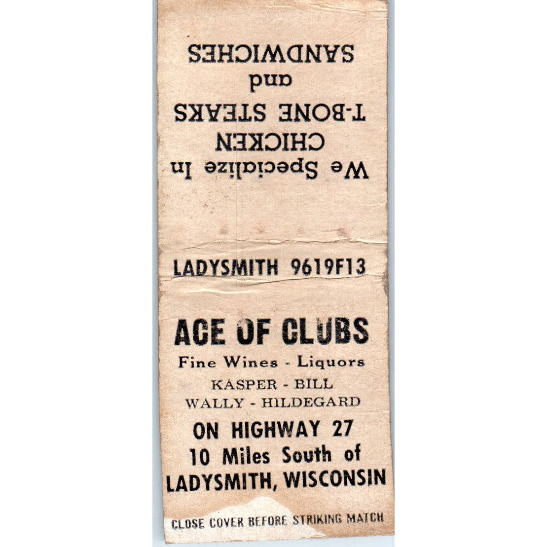 Ace of Clubs Kasper - Bill - Wally - Hildegard Ladysmith Matchbook Cover SD4-Y2