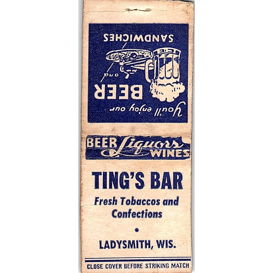 Ting's Bar Ladysmith WI Vintage Matchbook Cover SF3-Y9