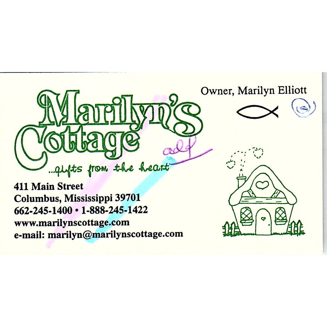 Marilyn's Cottage Marilyn Elliot Columbus MS Vintage Business Card SC9-B8