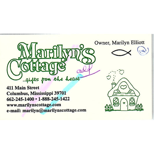 Marilyn's Cottage Marilyn Elliot Columbus MS Vintage Business Card SC9-B8