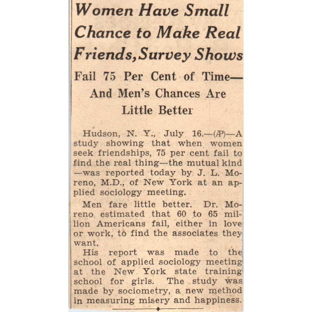 Women Have Small Chance to Make Real Friends 1935 News Article AE7-N5