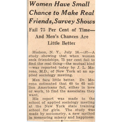 Women Have Small Chance to Make Real Friends 1935 News Article AE7-N5