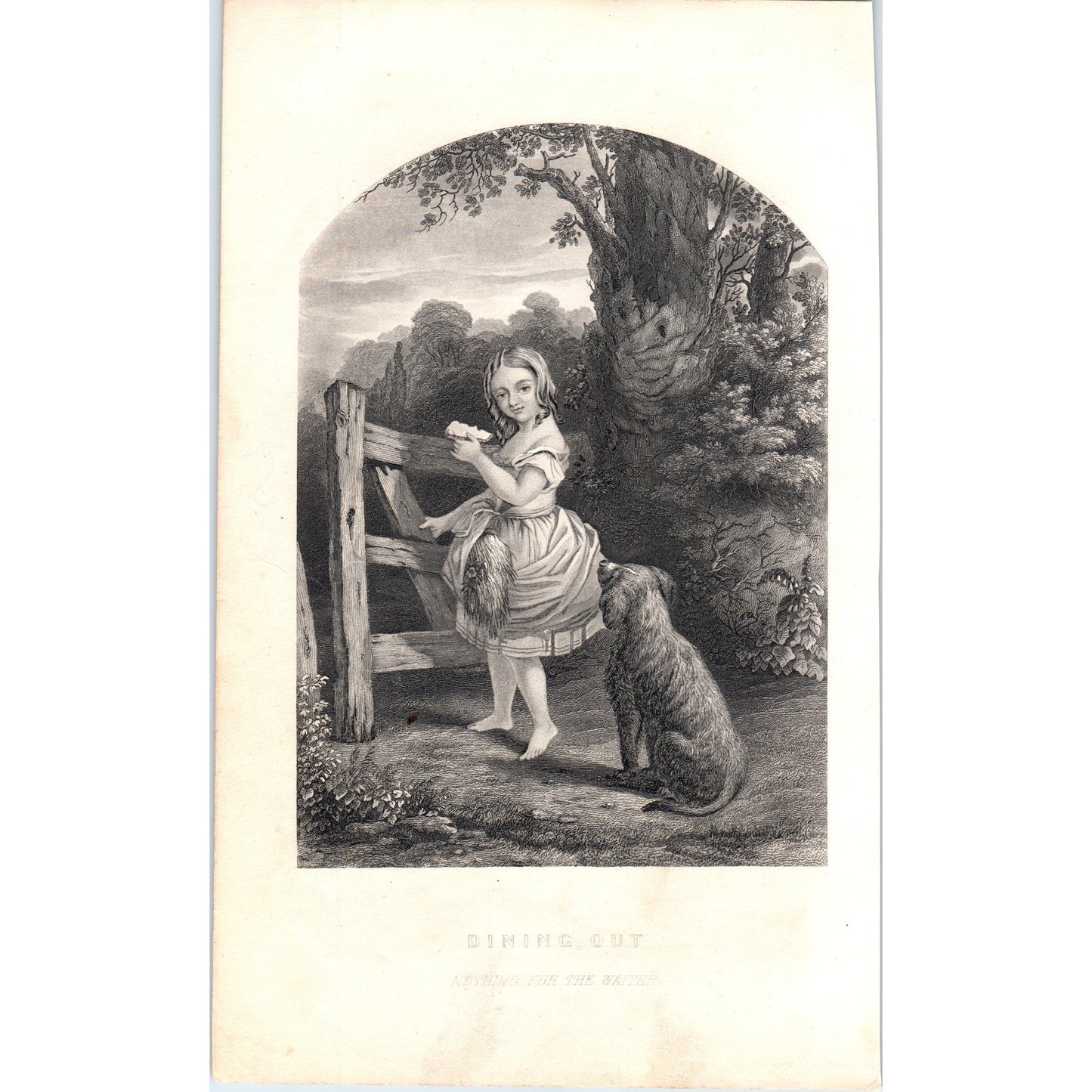 Dining Out - Nothing For The Waiter Girl & Dog 1857 Original Art Engraving D19-4