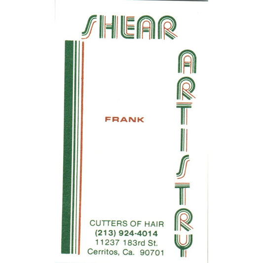 Shear Artistry Cutters of Hair Frank Cerritos CA Vintage Business Card SD8-B11