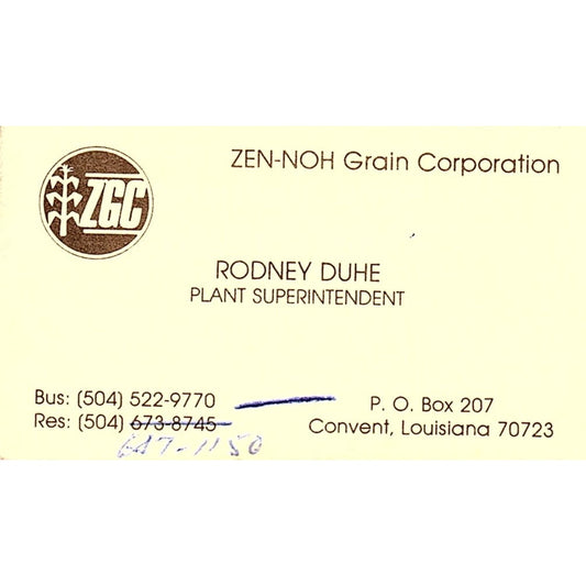 Rodney Duhe Zeh-Noh Grain Corp Covent LA Vintage Business Card SC9-B2