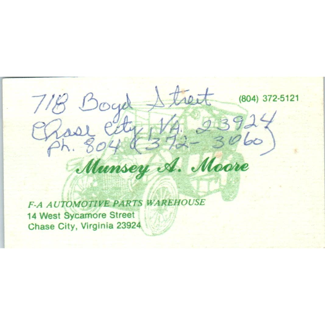 Munsey A. Moore Automotive Parts Chase City Virginia Vintage Business Card AF1