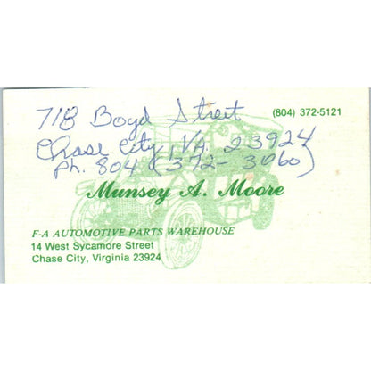 Munsey A. Moore Automotive Parts Chase City Virginia Vintage Business Card AF1