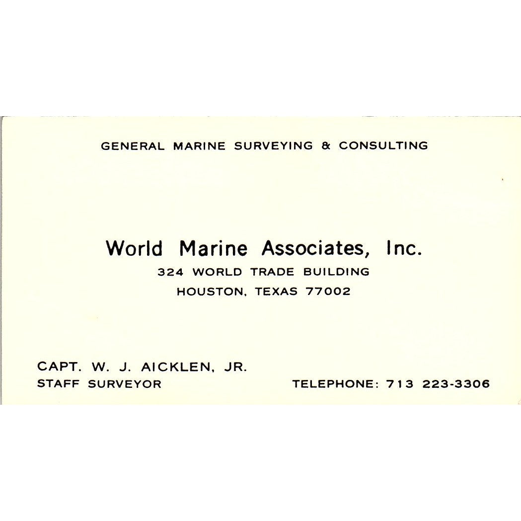 Capt. W.J. Aicklen Jr World Marine Assoc Houston Vintage Business Card SD9-B7