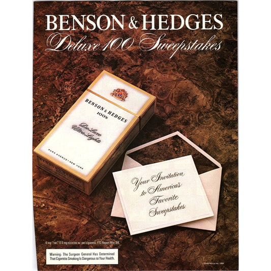 Benson & Hedges De Luxe Ultra Lights 100s 1984 Ad AF8-5