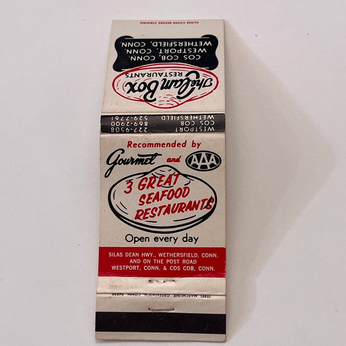 The Clam Box Restaurants Cos Cob Westport Wethersfield CT Matchbook TB6-MB1-10