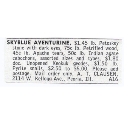 A.T. Clausen Skyblue Aventurine Peoria IL 1964 Magazine Ad AK6-S8