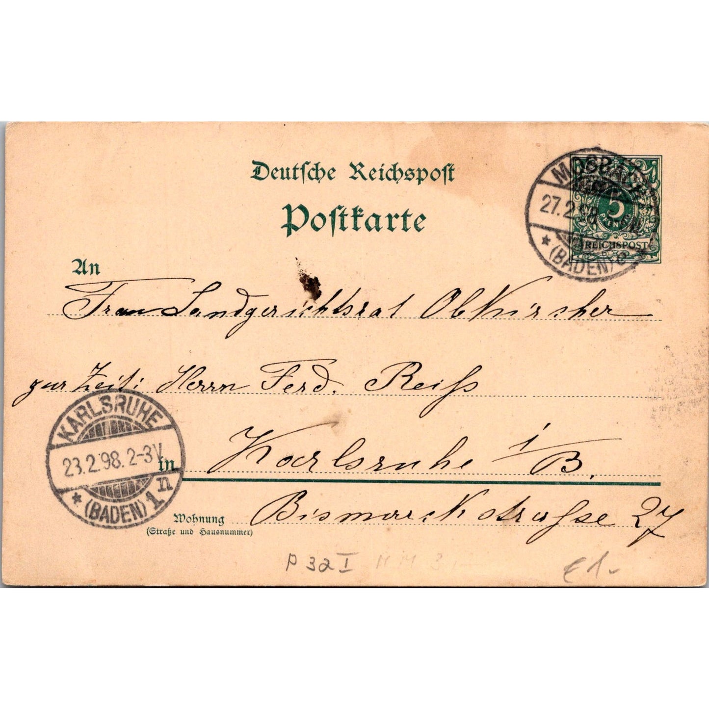 Ferd. Reifs Karlsruhe Mosbach 1898 German Reich Postcard P5-11