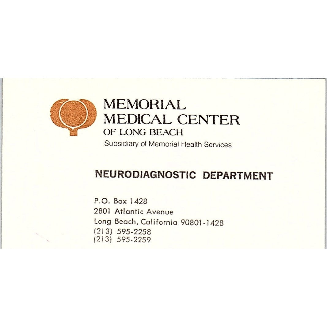 Memorial Medical Center of Long Beach, CA Vintage Business Card SF3-B8