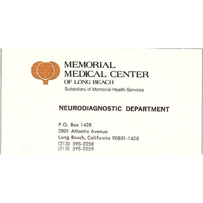 Memorial Medical Center of Long Beach, CA Vintage Business Card SF3-B8